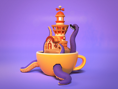 Coffee Kraken 3d art 3d artwork 3d design 3d ilustration art blender character design game game art game design illustration lighthouse