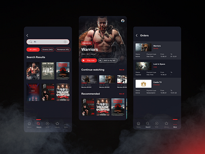 Mobile App: White-label OTT Platform contrast dark dark mode design film list live mobile app movie navigation netflix ott player programmer red search solution stream streaming video