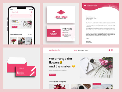 Pink petals branding design for flower company brand design branding business card flower brand flower company brand flower company brand design flower company branding flower company landing page flower company logo flower company mobile app design graphic design product design