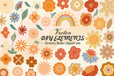 Groovy Boho Clipart Set boho floral boho pattern botanical illustration flower clipart graphic pattern groovy clipart groovy flowers groovy pattern hippie clipart retro clipart retro pattern summer clipart summer pattern vector floral