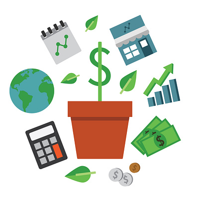 Business organic growth graphic (money, graph, coins, calculator adobe illustrator business calculator chart coins design globe graph graphic graphic design growth icon illustration money organic growth plant potted plant store vecto world