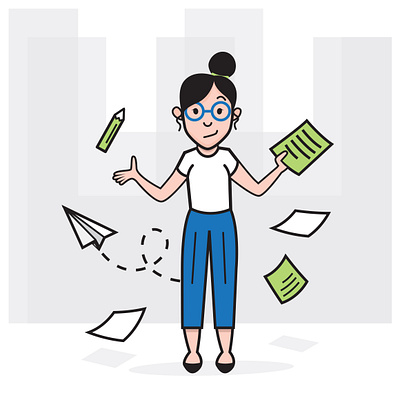 Business woman juggling tasks illustration adobe illustrator avatar business career cartoon design flying papers girl illustration juggling lady paper paperwork person throwing vector woman work workplace