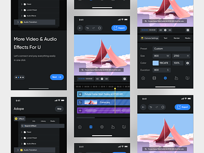 Adope - Video Editor App app clean clean ui dark dark mode dark theme edit video editor editor tools mobile mobile app modern photo editor sound editor ui user interface ux video video editor video maker