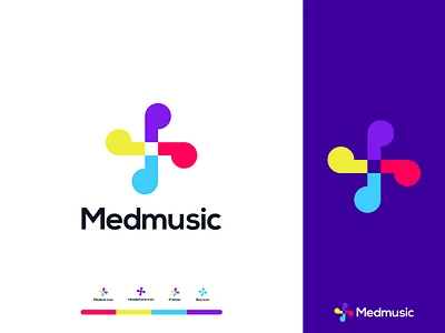 Medmusic logo app box icon logo branding club design flat logo graphic design illustration logo logo designer mark medical logo medicine minimal music logo play logo plus logo simple ui vector