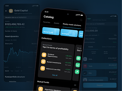 Dark UI | Open Investment Financial App app design dark mobile dark theme dark ui dashboard finance financial app fintech fintech app invest invest app investment mobile app mobile finance night dashboard night theme night ui ui design ux design
