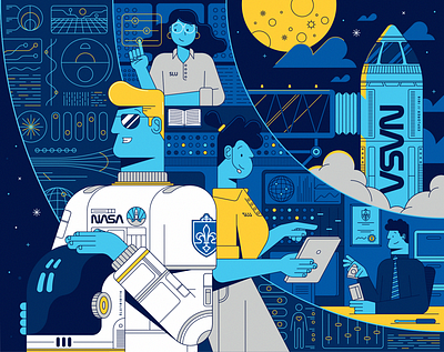 Reach For The Stars astronaut blue character illustration linework monoline nasa space vector