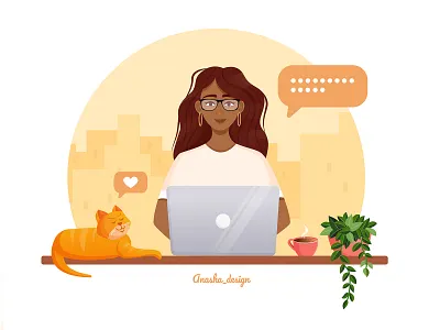 Vector illustration of character working at the computer 2d adobe illustrator branding business character computer design girl graphic design icons illustration job meeting office person remote ui vector work workplace
