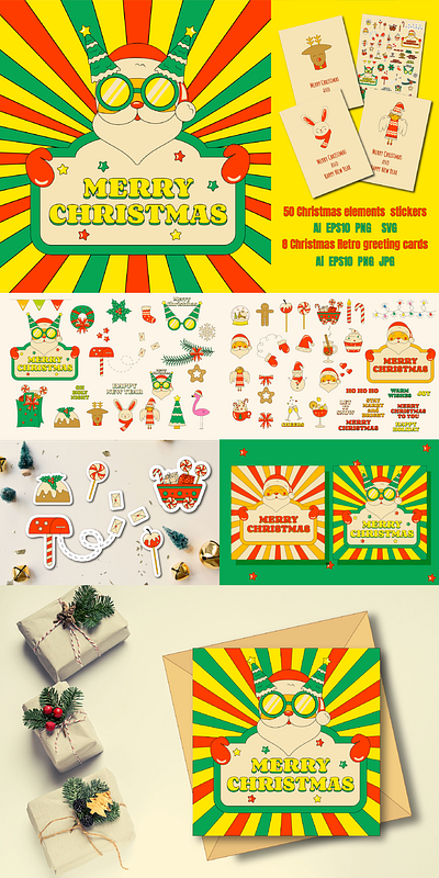 Set of Retro Groovy Christmas angel bunny card christmas christmas card christmas stickers design greeting card groovy illustration merry new year party psychedelic religion retro santa santa claus vintage xmas