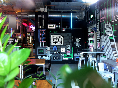 TECH NOIR acrylic artwork atmosphere blade runner blue club eighties fun hotspot illustration illustrator industrial mural owl painting pink restaurant rotterdam wallpainting white