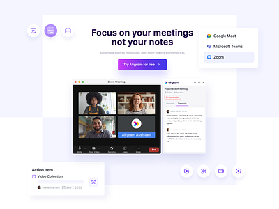 Airgram Homepage action item agenda assistant banner branding chat color google calendar homepage landingpage meeting note recording saas transcript ui video web design web ui zoom