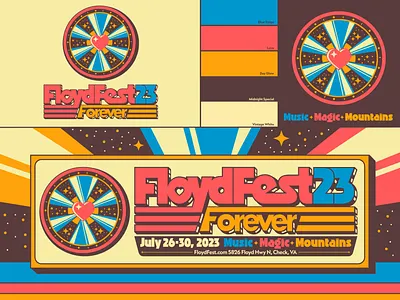 FloydFest 2023 Music Festival Branding badge design branding cream festival future heart illustration key art logo love magic mountains music north carolina nostalgia outer space stars sun light vintage virginia