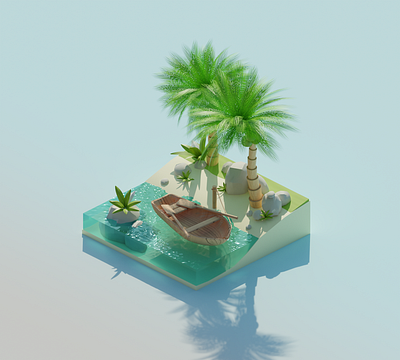 Wooden boat on tropical island 3d 3d art b3d blender blender 3d blender3d boat illustration island low poly lowpoly render summer tropical