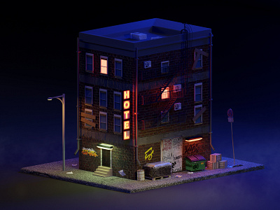 Night 3d 3dart 3dartist 3dillustration art blender blender3d cycles design dribbble hotel illustration lighting neon newpost night sherlok street urban