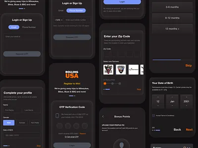 Rolling USA App Screen. bike dark theme mobile motor ui ux