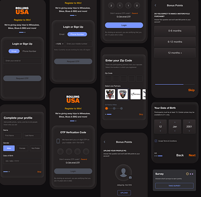 Rolling USA App Screen. bike dark theme mobile motor ui ux