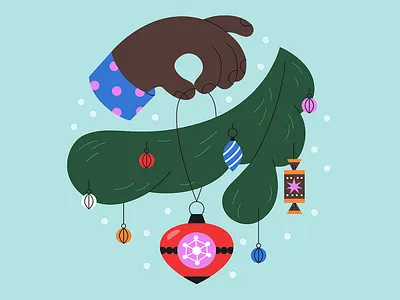 Hand decorates a branch of a Christmas tree greeting card 2d branch branding cartoon christmas christmas tree cute design flat graphic design greeting card holidays illustration new year vector winter