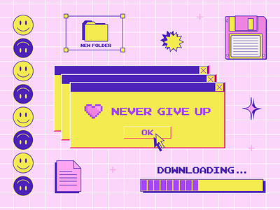 "Never give up" y2k illustration 1990s 2000s adobe illustrator aesthetic computer design floppy disk geek graphic design illustration interface nostalgia old computer pink retro smile vector window y2k
