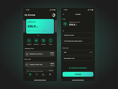 Home Banking App app card dark mode home banking transfer ui