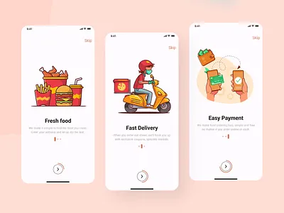 Food Delivery Mobile App (Onboarding) app clean delivery man design food food delivery app foodie illustration ios minimal mobile onboarding page order product design restaurant app splash screen startup ui