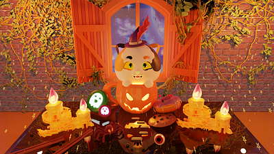 Halloween Room 3d cat halloween illustration night room