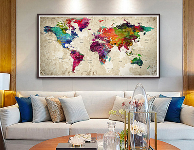 Watercolor Push Pin World Map Poster, Abstract World Map Art