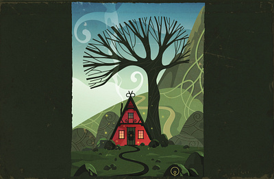 the shelter cartoon celtic clouds fantasy folk folklore hill home house illustration magic myth retro shelter stone style texture tree vector vintage