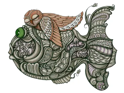 Sleeping Owl artistic design fish graphic illustration ink markers owl sketch