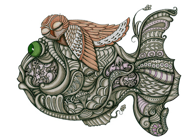 Sleeping Owl artistic design fish graphic illustration ink markers owl sketch