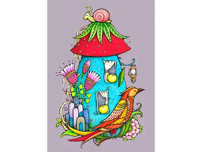 Mushroom artistic bird design graphic house illustration ink markers mushroom