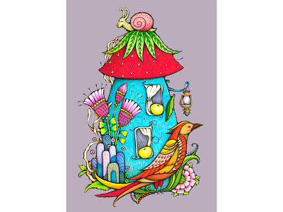 Mushroom artistic bird design graphic house illustration ink markers mushroom