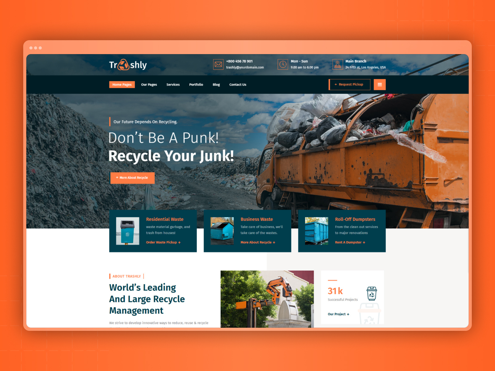 Trashly - Waste Pickup & Disposal Services WordPress Theme cleanup services client testimonial design disposal services eco friendly environmental care garbage html recycling services responsivetheme seo friendly template theme and template waste management waste services web 3.0 web design web development wordpress website wordpresstheme