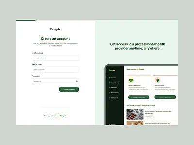 Registration Page account authentication create green health insurance mental register registration sign up therapist therapy web website