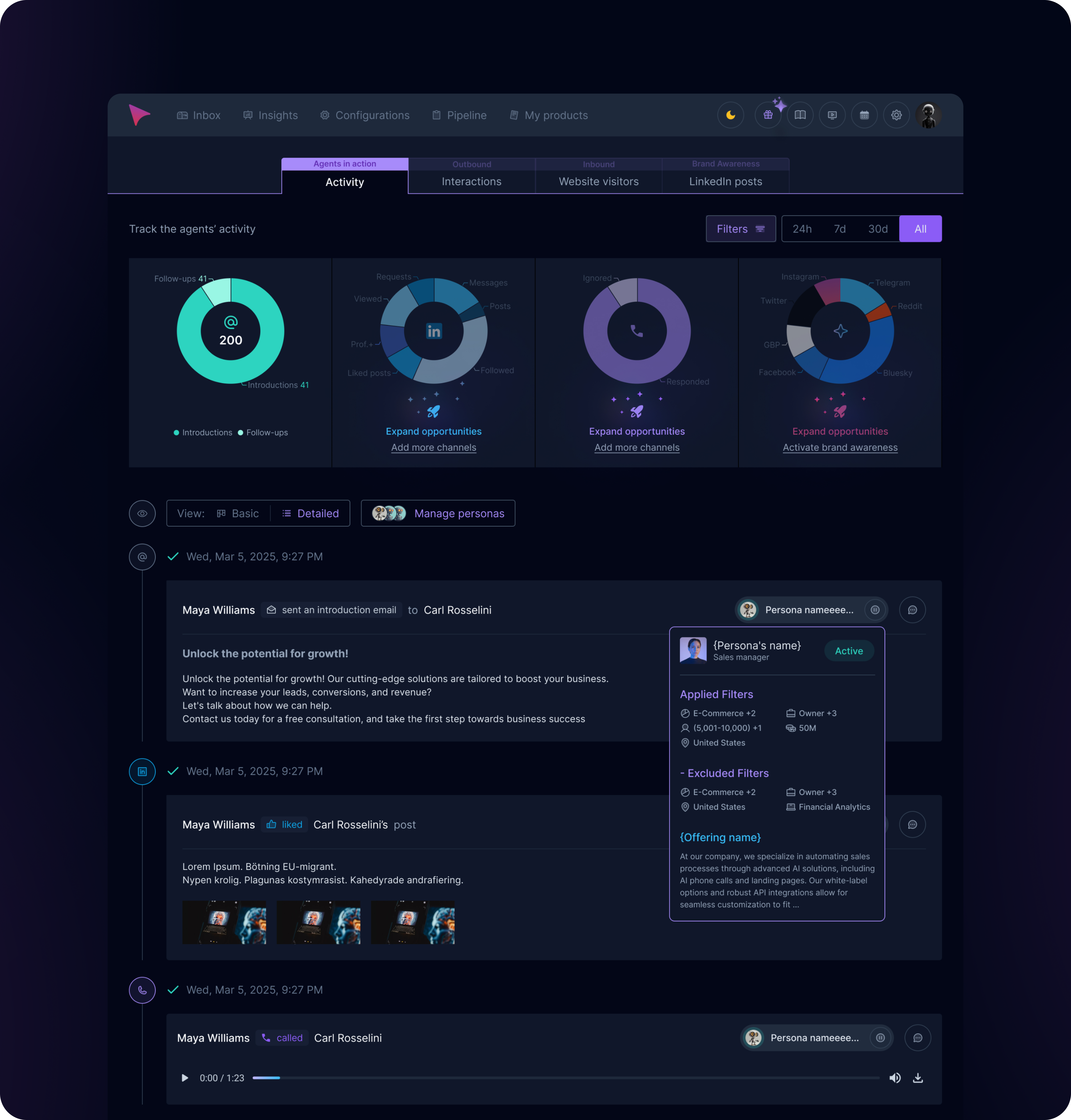 AnyBiz – Activity ai channel modal window tabs ui