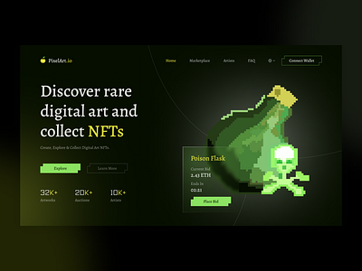 NFT Website Landing Page Concept crypto glassmorphism landingpage nft pixelart ui uiux ux website websitedesign