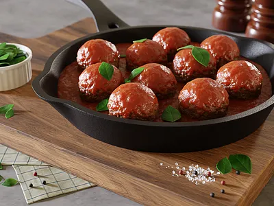 Juicy meatballs with tomato sauce and basil (3D) (CGI) 3d cgi food food photography food styling