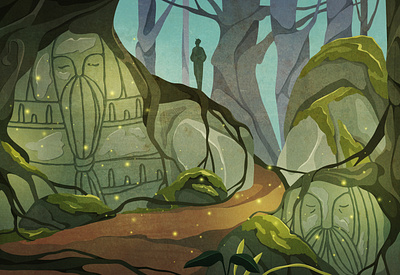 ancient times ancient cartoon character cliff decorative fairytale forest illustration magic moss myth old pagan retro rock texture totem vector vintage wood
