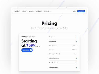 Alloy Automation pricing page after effects alloy animation automation blue card landing page light minimalist motion pricing