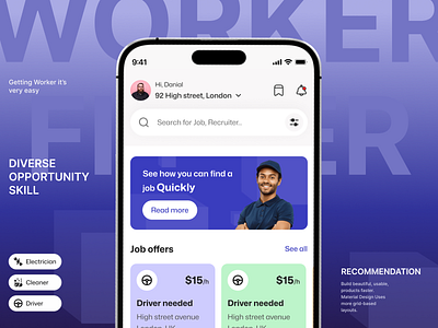 Worker Finder App Home Page Design 👨🏻‍🔧👩🏻‍🔬 app design clean design home page design job search minimal mobile app design ui ui design ui ux design user interface ux ux design worker finder