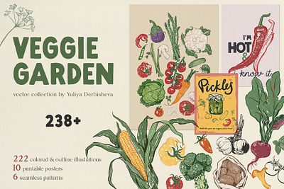 Veggie Garden - Vegetables vector illustrations posters patterns food illustration food pattern grow your own mediterranean food pattern retro illustration vegetable veggie vintage illustration