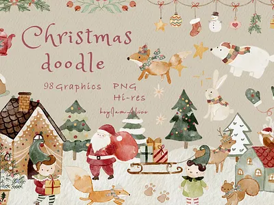 Christmas doodle clipart Photoshop Files noel watercolor clipart