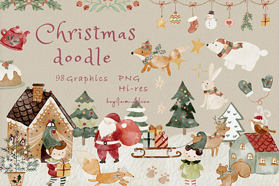 Christmas doodle clipart Photoshop Files noel watercolor clipart