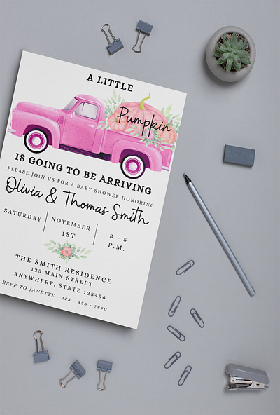 A Little Pumpkin Is Arriving Soon Baby Shower Invite baby shower baby shower invite ideas baby shower template canva design digital baby shower digital invitation fall baby shower girl fall baby shower ideas fall baby shower invite girl baby shower invite graphic design illustration invitation template pink pumpkin in truck invite