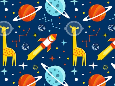 Cute Giraffe Seamless Pattern with Planet animal animal pattern baby pattern baby products childish pattern colorful cute pattern galaxy giraffe illustration kids clothing kids tshirt outer space planet print design rocket seamless pattern space star textile pattern