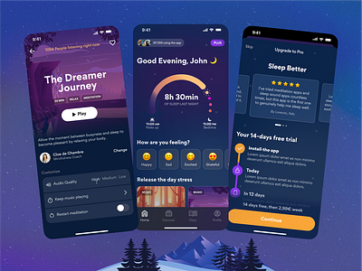 Sleep Monitoring Mobile App | UI Challenge #04 app bedtime design ios meditation meditation app mobile mobile design product design relax sleep sleep app sleep tracker sleeping stories ui ux yoga yoga app zen