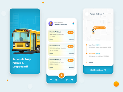 School Kids Pick up & Dropped Off App Design app arrival time children dropped off flat design kids location mobile application pickup pickup point schedule school school bus school schedule school time shedow effect time ui ui design