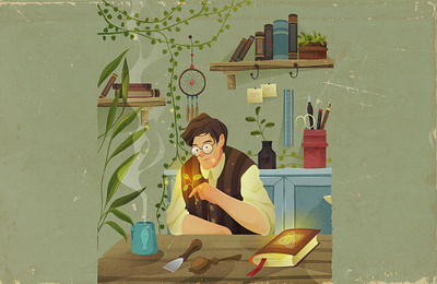 nature book cartoon celtic character cozy flowers gardener glasses illustration magical man nature plant retro style texture vector vintage wood