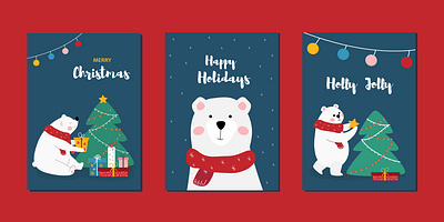 Cute Christmas Cards. art bear cute cute bear design flat design gift illustration merry christmas new year polar bear postcard tree winter