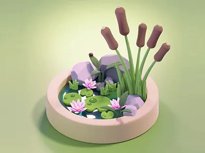 3D Animation: Miniature Water Garden 3d 3d animation 3d art 3d art work 3d design 3d model 3d rendering animation cattail clean flowers gradient background micro design mini watergarden miniature plants round rounded movement water watergarden