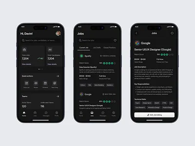 Job Recruitment Mobile App UI ai recruitment candidate tracking career app dark ui employment app hiring hiring analytics hiring software hr tech interview management job app job dashboard job search mobile ux modern hiring recruitment platform smart hiring talent acquisition ui design user experience