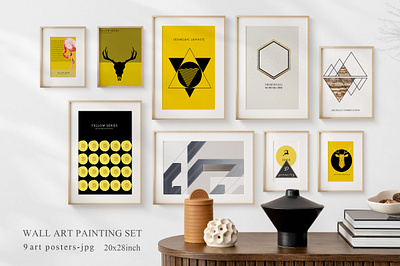 Abstract geometric yellow wall art set. Posters, covers, prints. 3d geometry branding decoration design grunge hand painted illustration logo paintings ui